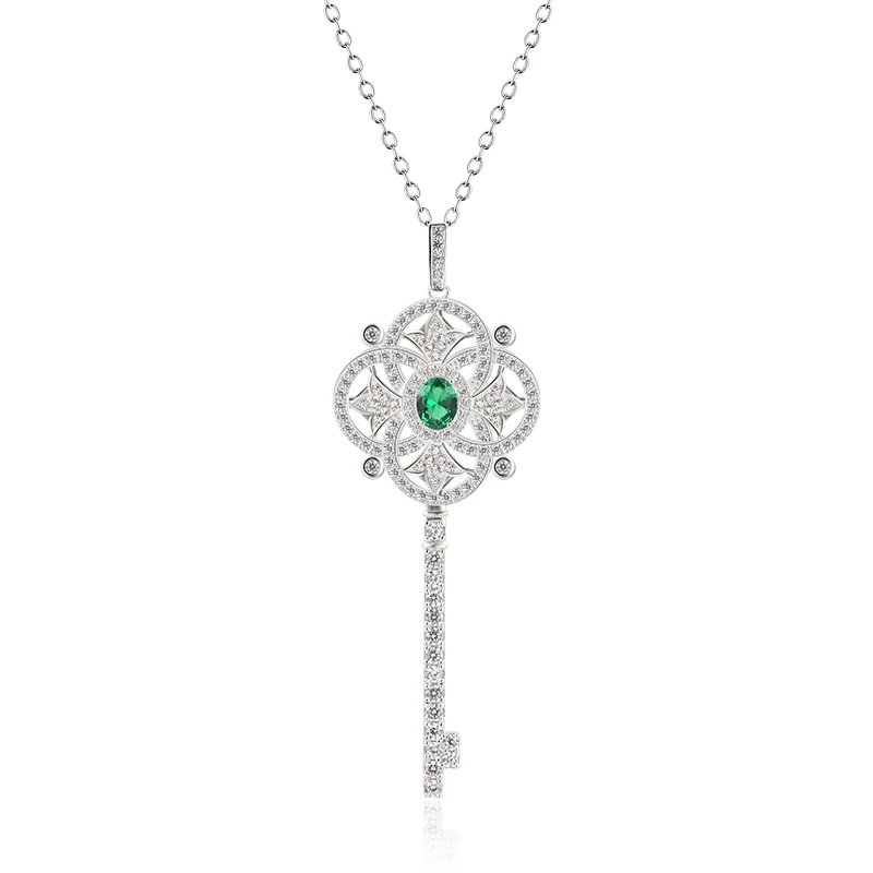 925 Sterling Silver Green Emerald Key Pendant Necklace 925 Sterling Silver Green Emerald Key Pendant Necklace