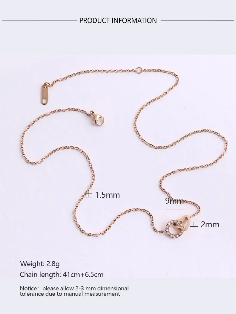 Rose Gold PVD Double Ring Zircon Interlocking Pendant Necklace size detail Rose Gold PVD Double Ring Zircon Interlocking Pendant Necklace size detail
